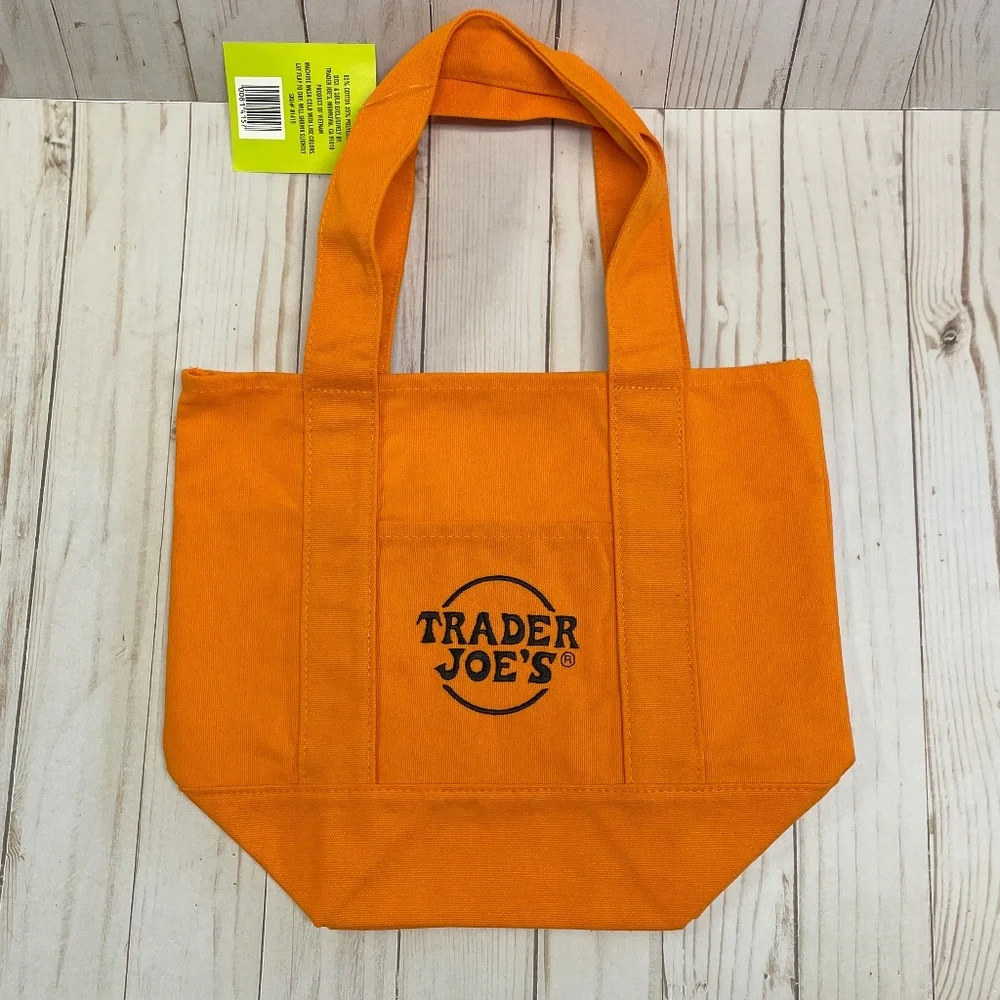 Trader Joes Mini Canvas Tote Small Grocery Shopping Bag Black & Orange Set 2 NEW